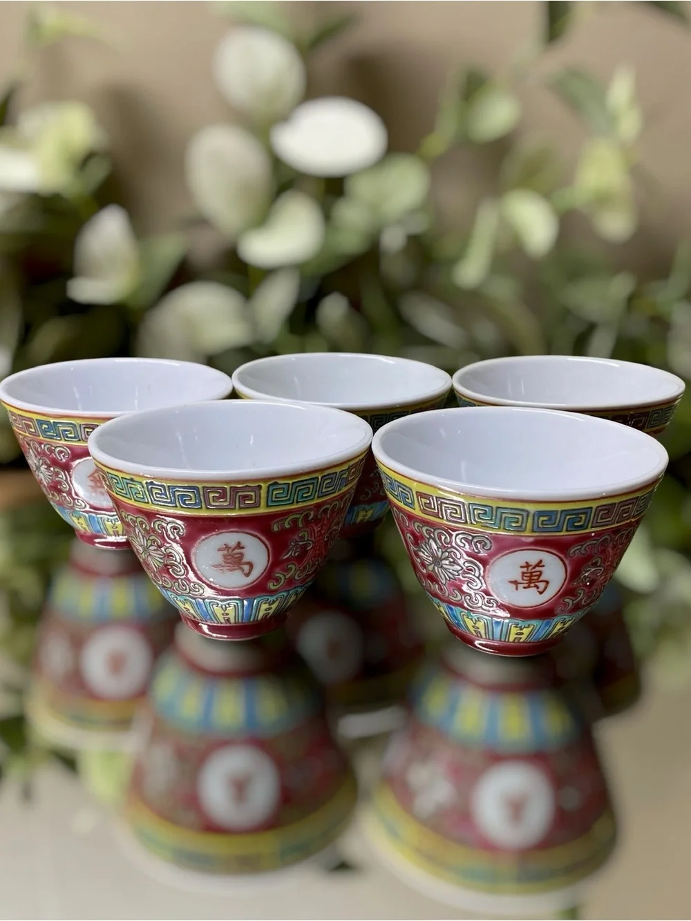 Vintage Chinese Famille Rose Pink Longevity Tea Set Teapot Cups